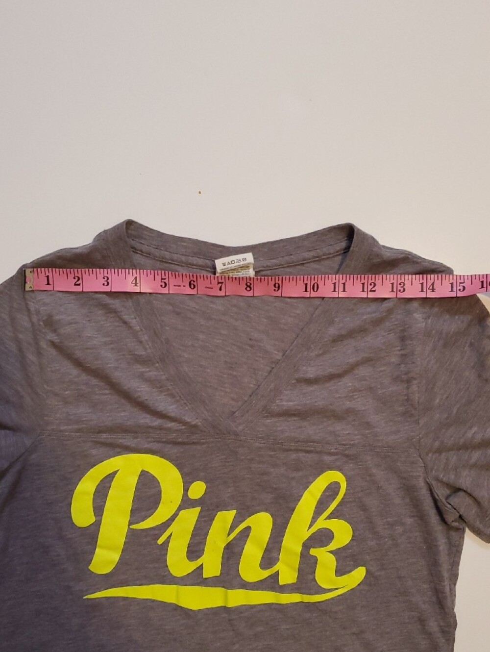 PINK Victoria's Secret Heather Gray V-Neck Tee with Neon Yellow Logo - Picture 7 of 10
